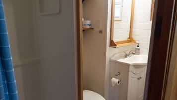 A bathroom with a shower, toilet, and sink.