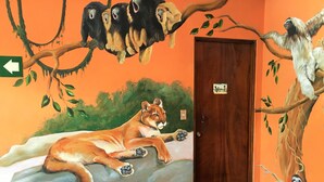 A room with a mural of a lion, monkeys, and a sloth. There is a red chair and a wooden door with a sign above it. - Costa Rica Backpackers - Hostel (San José)
