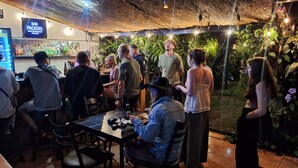 Eine Bar mit einem Strohdach, Zimmerpflanzen und einem Bildschirm, der 'BAR PACKERS' zeigt.