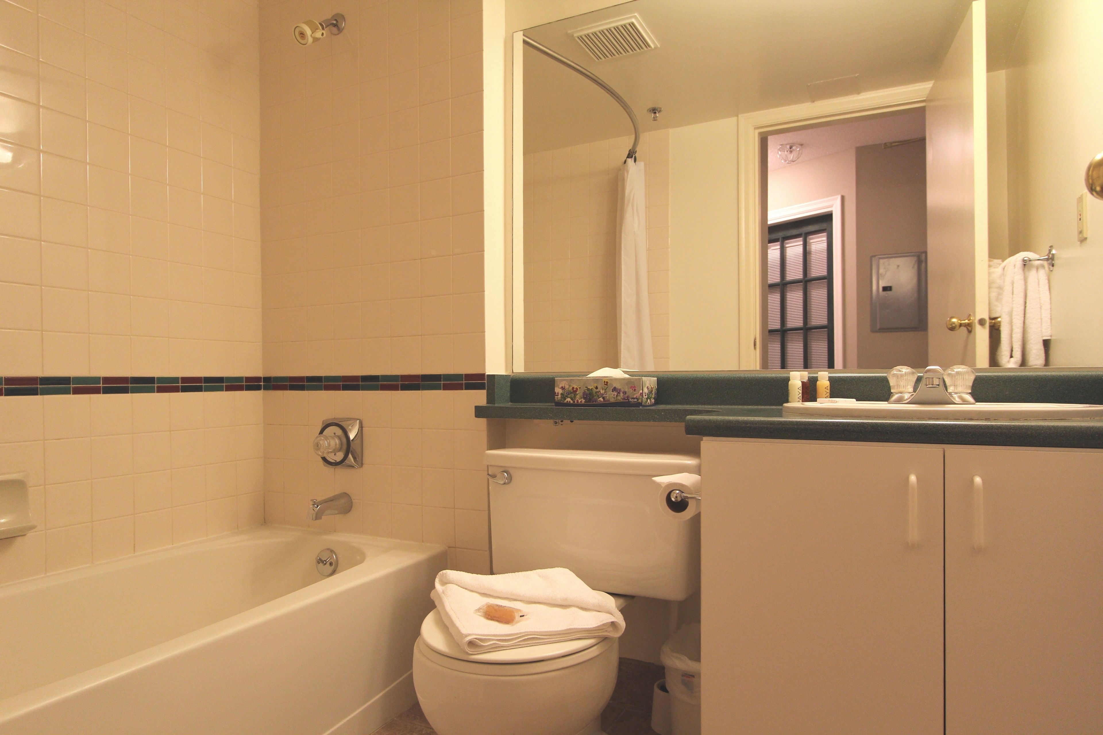 Een badkamer met een bad, toilet en wastafel.