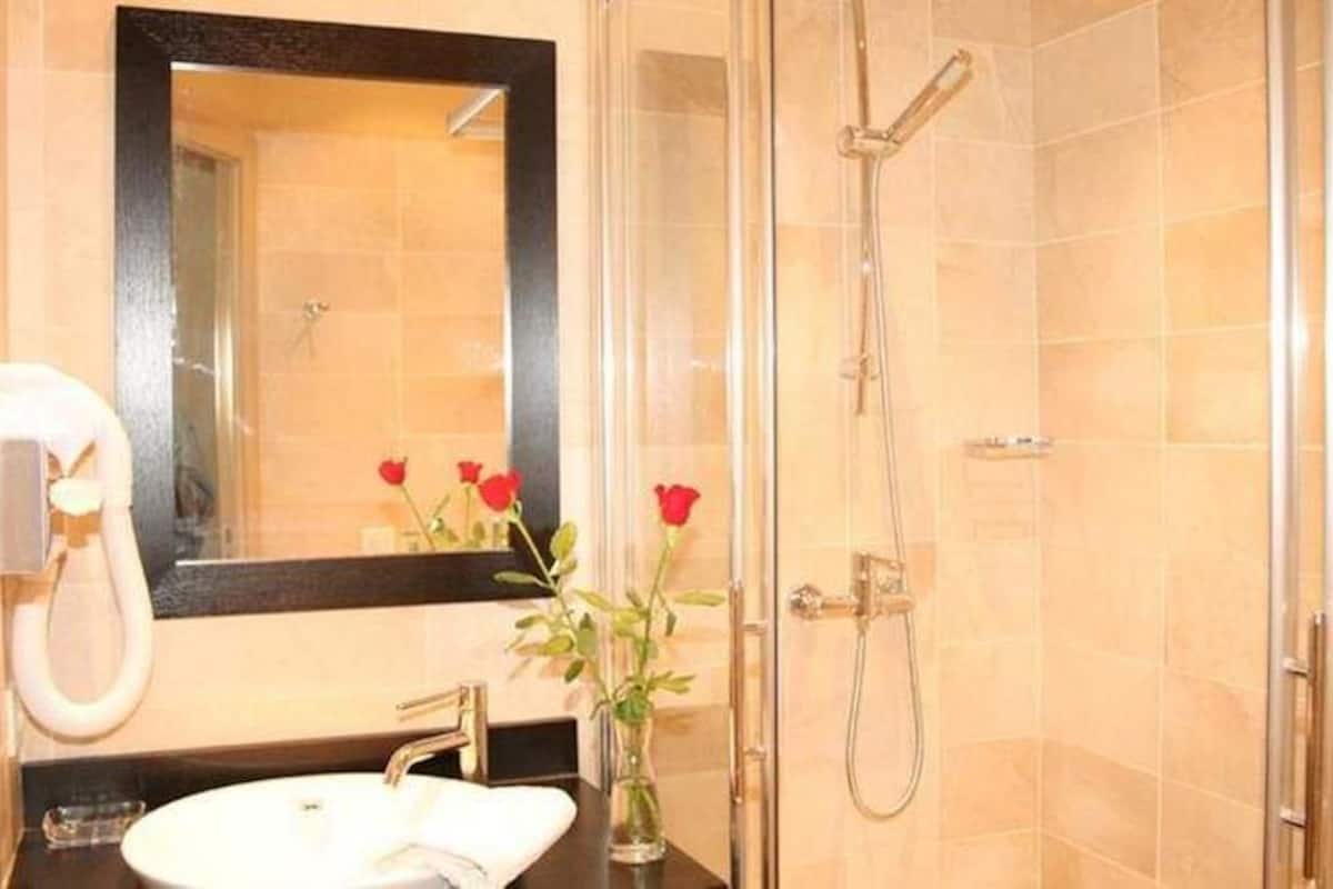 classic double room | bathroom | shower, free toiletries, hair dryer, slippers