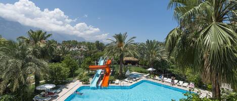 Outdoor pool, pool umbrellas, pool loungers