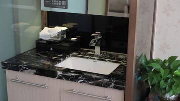 A bathroom with a black marble sink, a mirror, and a potted plant.