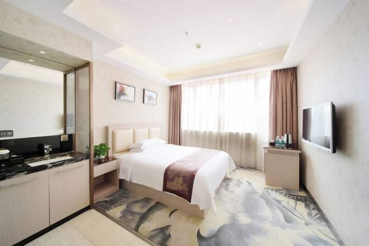 A hotel room with a bed, a TV, a desk with a mirror, and a bathroom.