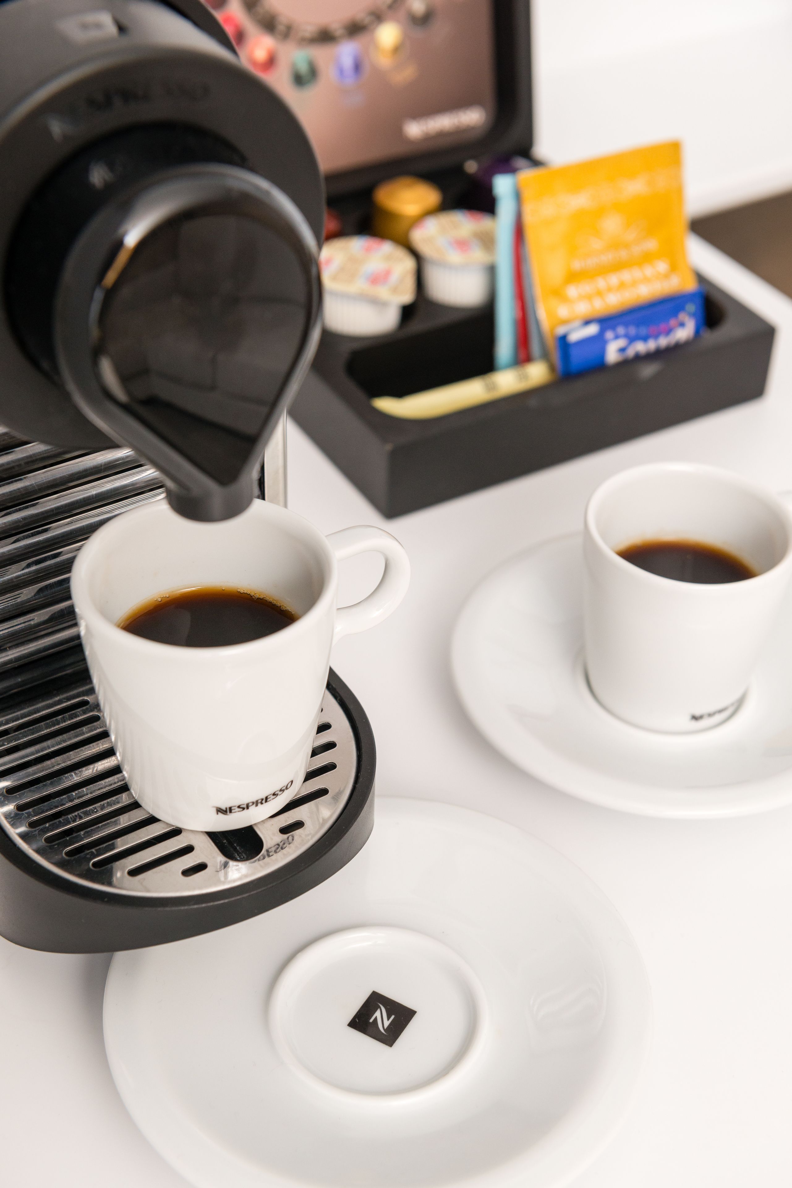 fridge, microwave, espresso maker, electric kettle