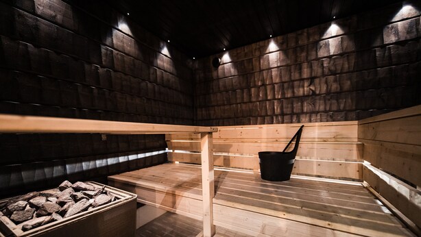 Una sauna con panche in legno, un catino e un recipiente con pietre.