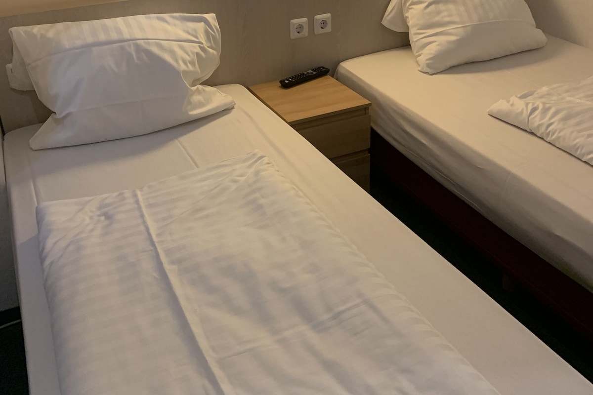 A twin room with two single beds, a nightstand with a remote control, and a wall-mounted light fixture.