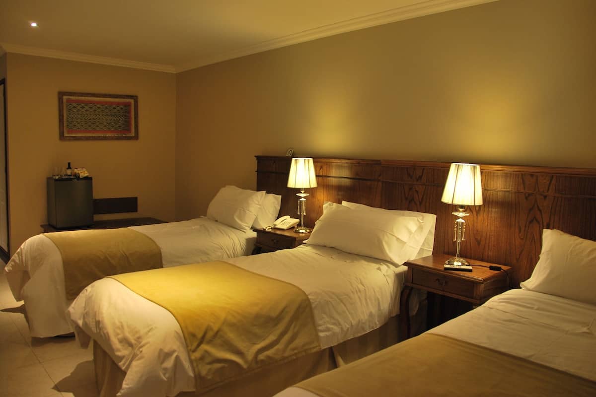 Une chambre d’hôtel avec deux lits simples, chacun doté d’une table de chevet et d’une lampe, d’une tête de lit en bois et d’une œuvre d’art encadrée au mur.