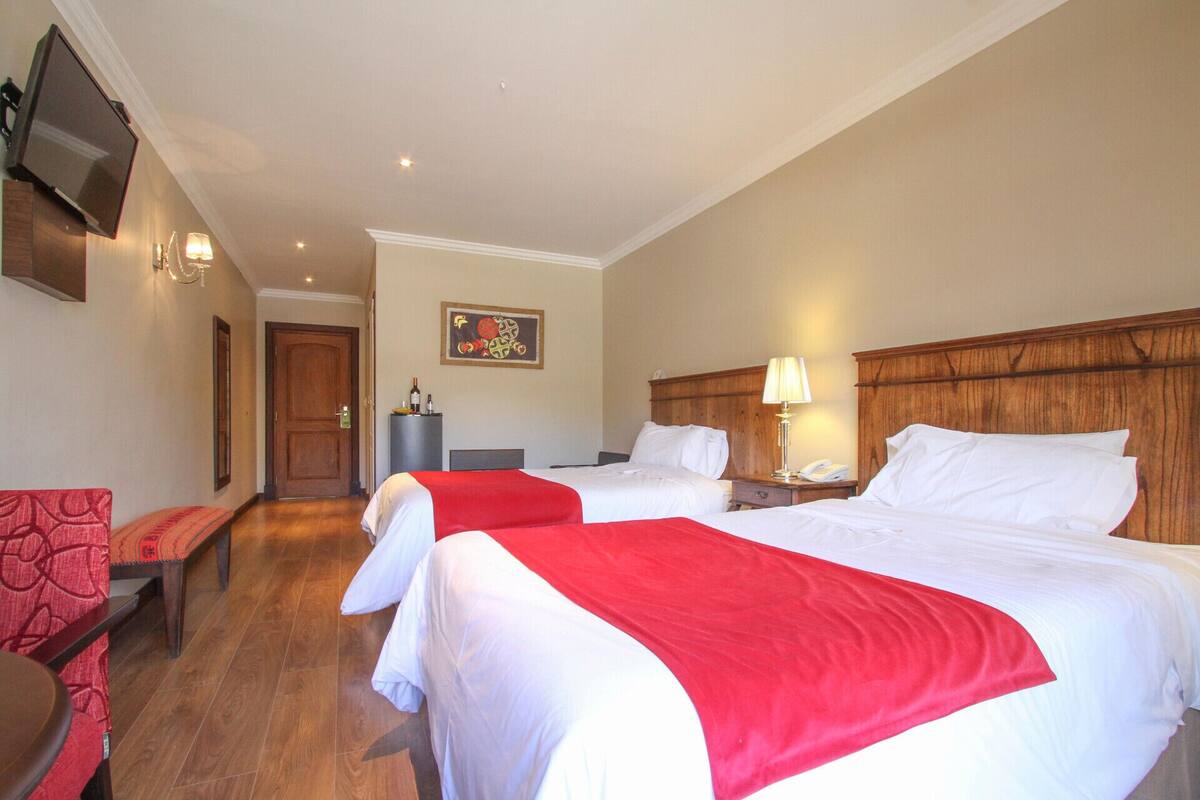 Une chambre d’hôtel avec deux lits, une télévision, un bureau et une chaise.
