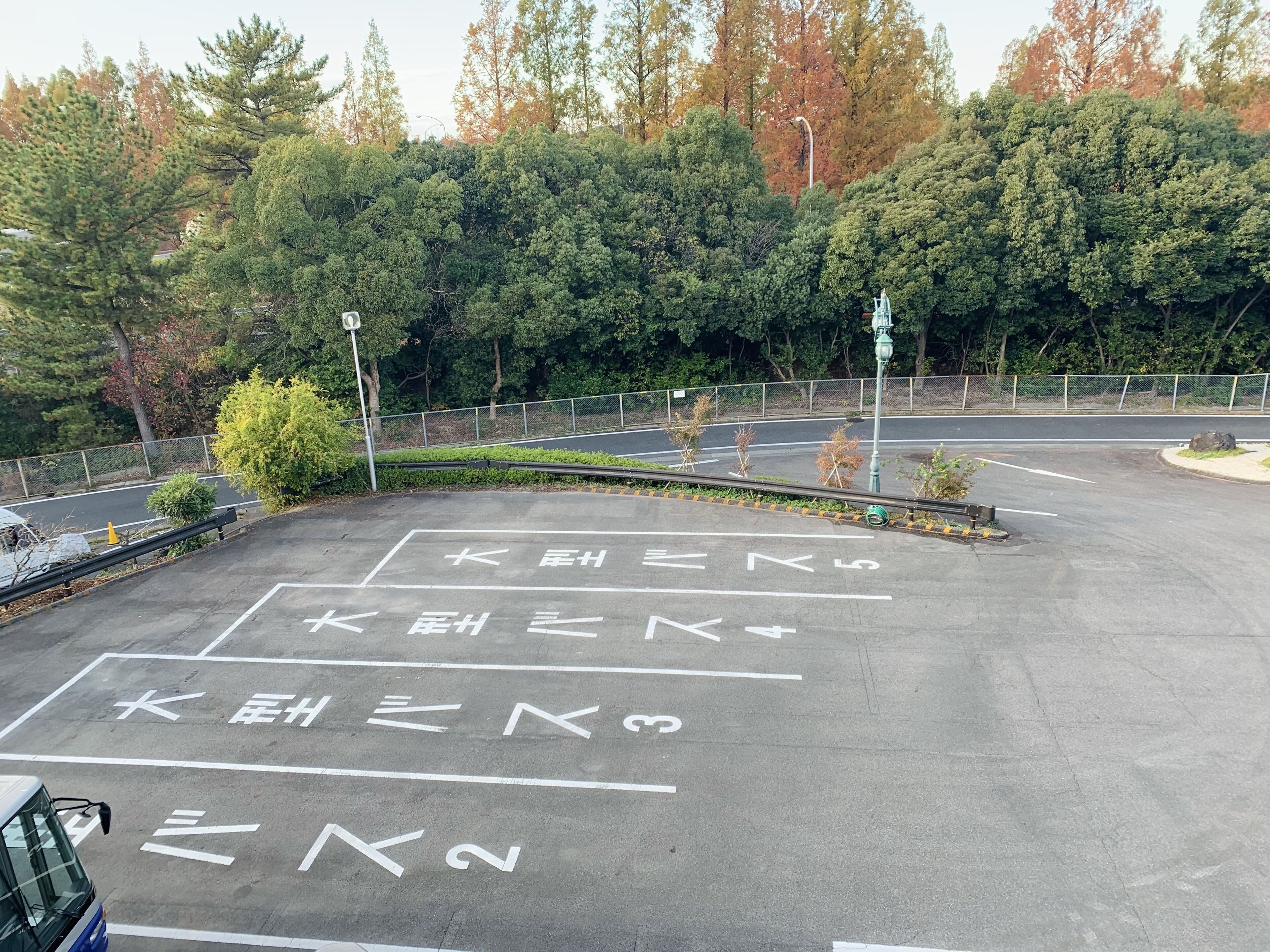 A parking lot with marked spaces and a curved road.
