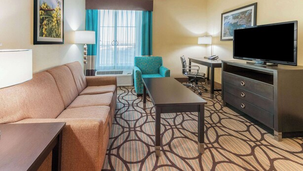 A hotel room with a sofa, a TV, a desk, and a patterned carpet. - La Quinta Inn & Suites by Wyndham Carlsbad (Carlsbad)