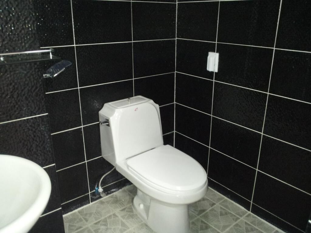 Un bagno con un WC bianco, un lavandino e pareti rivestite di piastrelle nere.