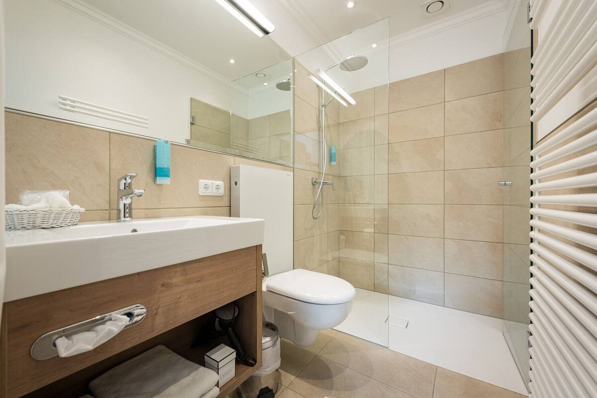 comfort double room, 1 king bed, non smoking, refrigerator | bathroom | hair dryer, towels, soap, shampoo