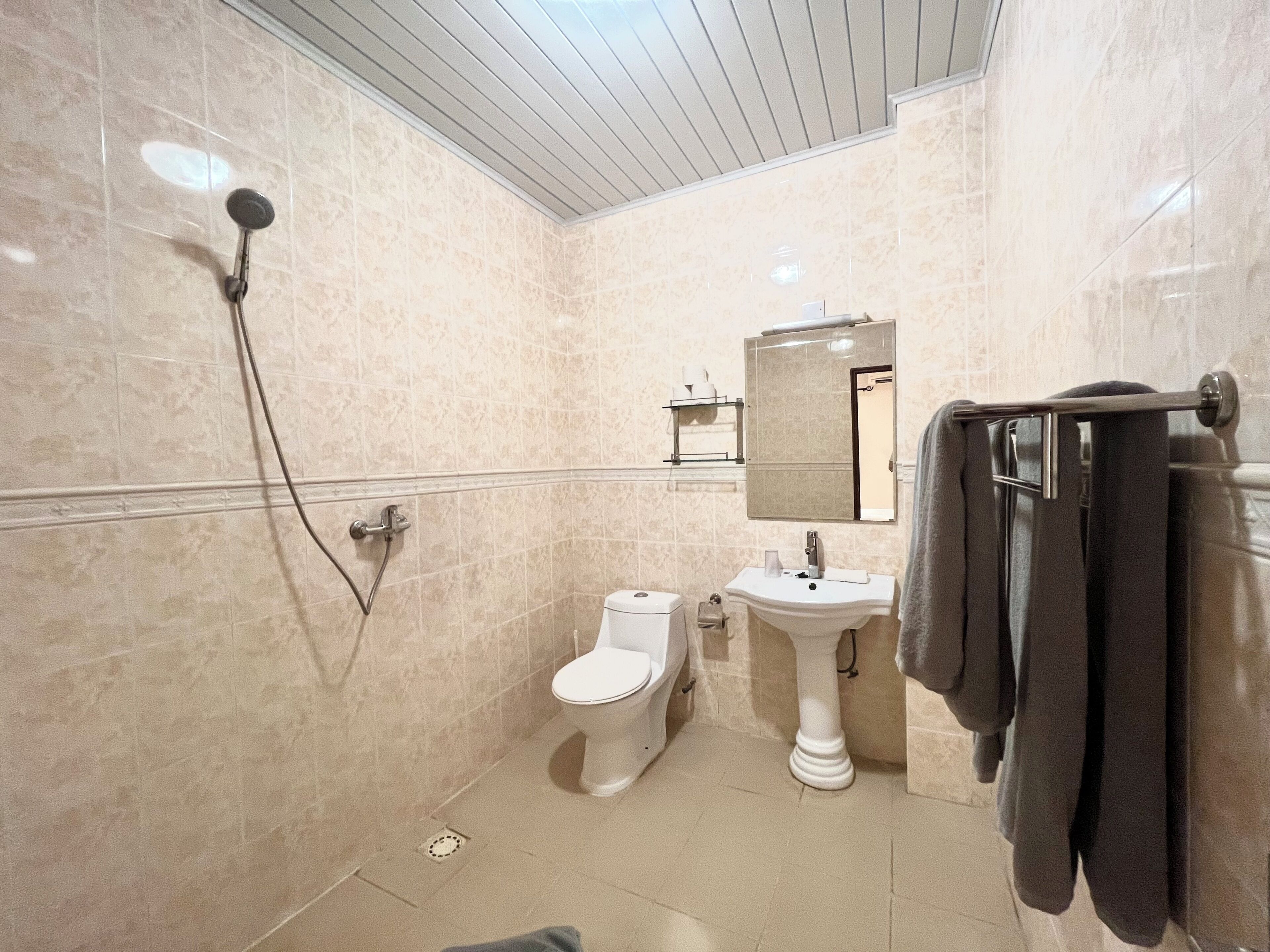 Un baño con ducha, inodoro, lavamanos y toallero.
