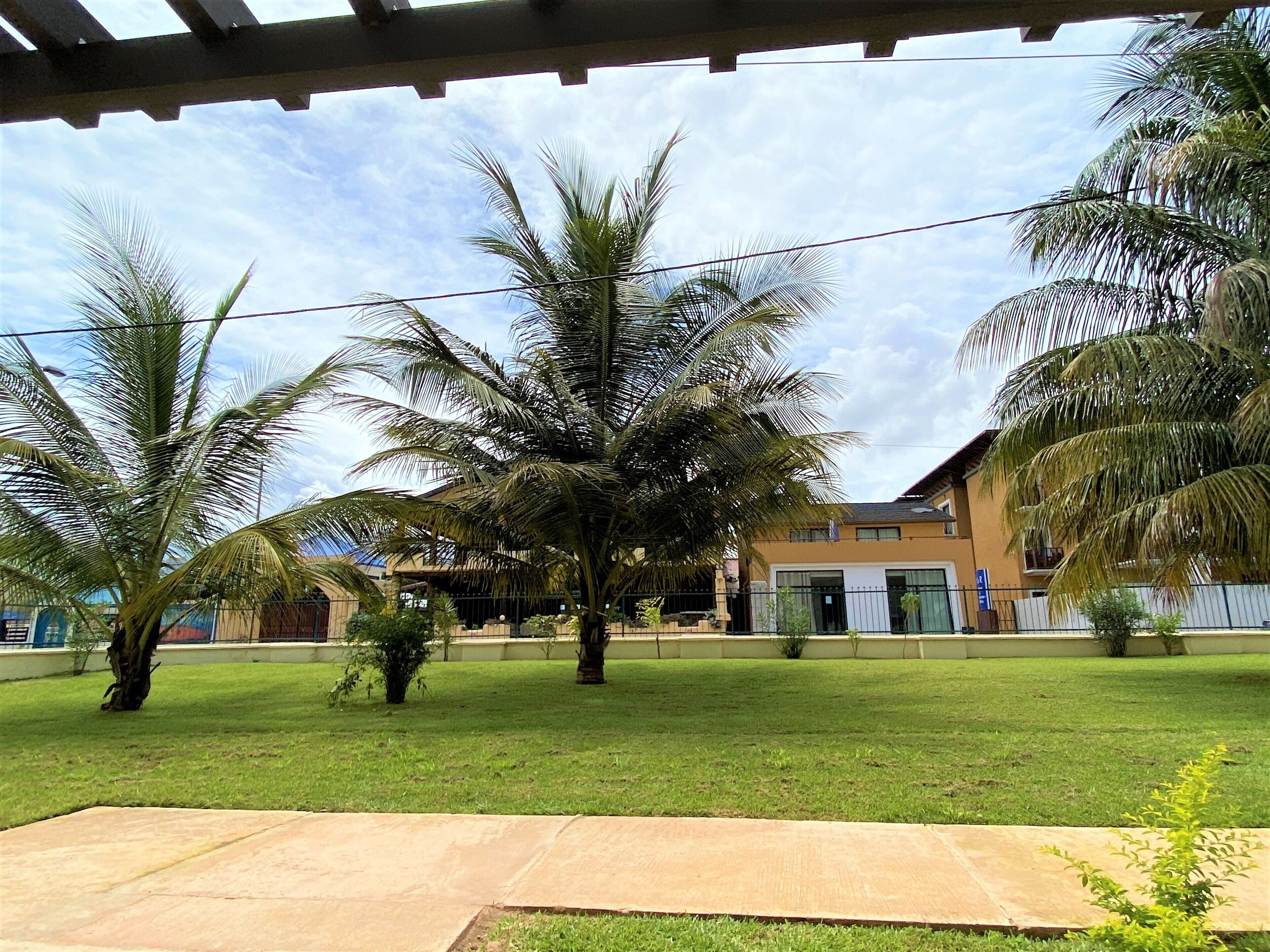 Un patio con palmeras, un edificio con balcón y cielo despejado.