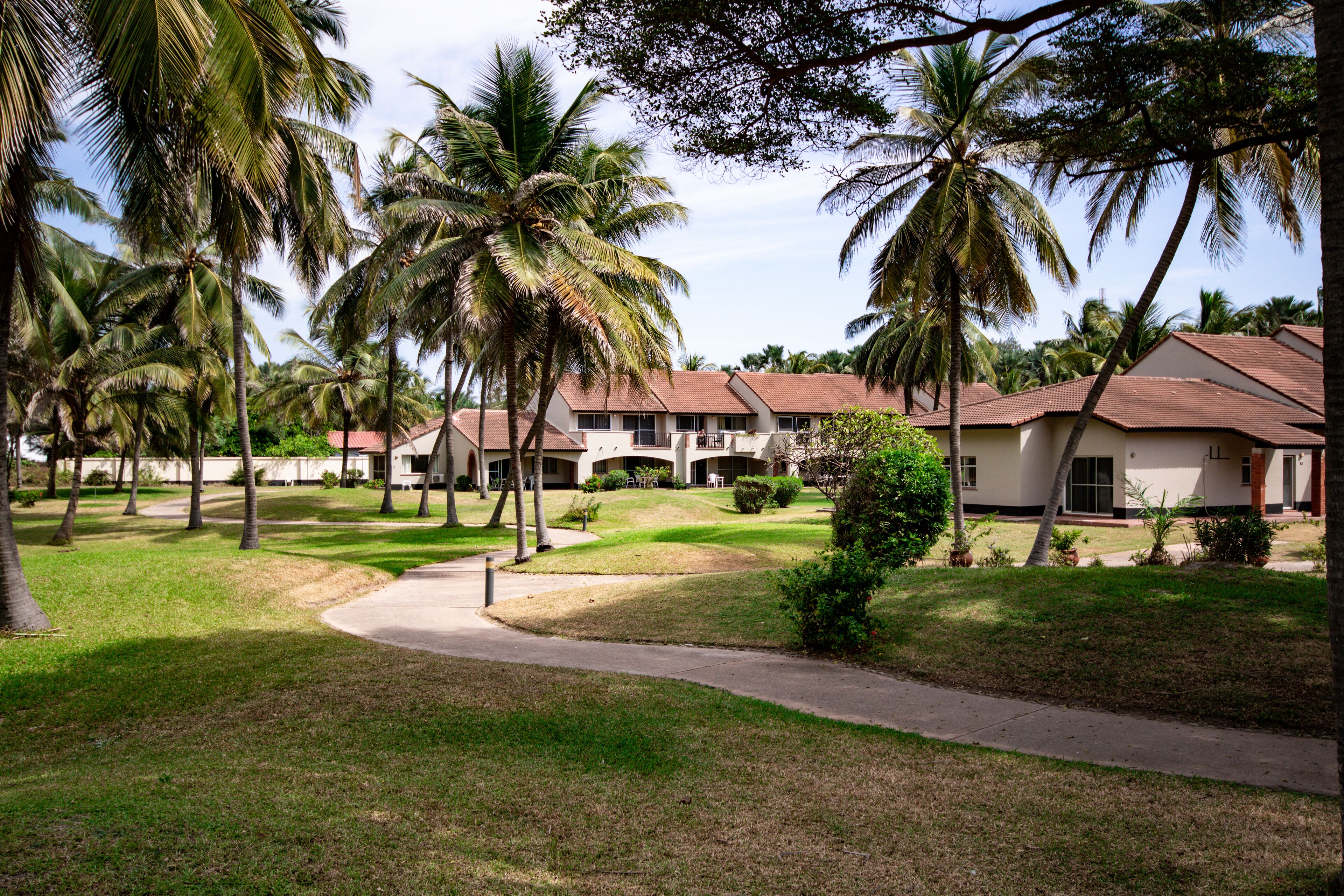 A resort with multiple bungalow-style buildings, a paved walkway, and palm trees.