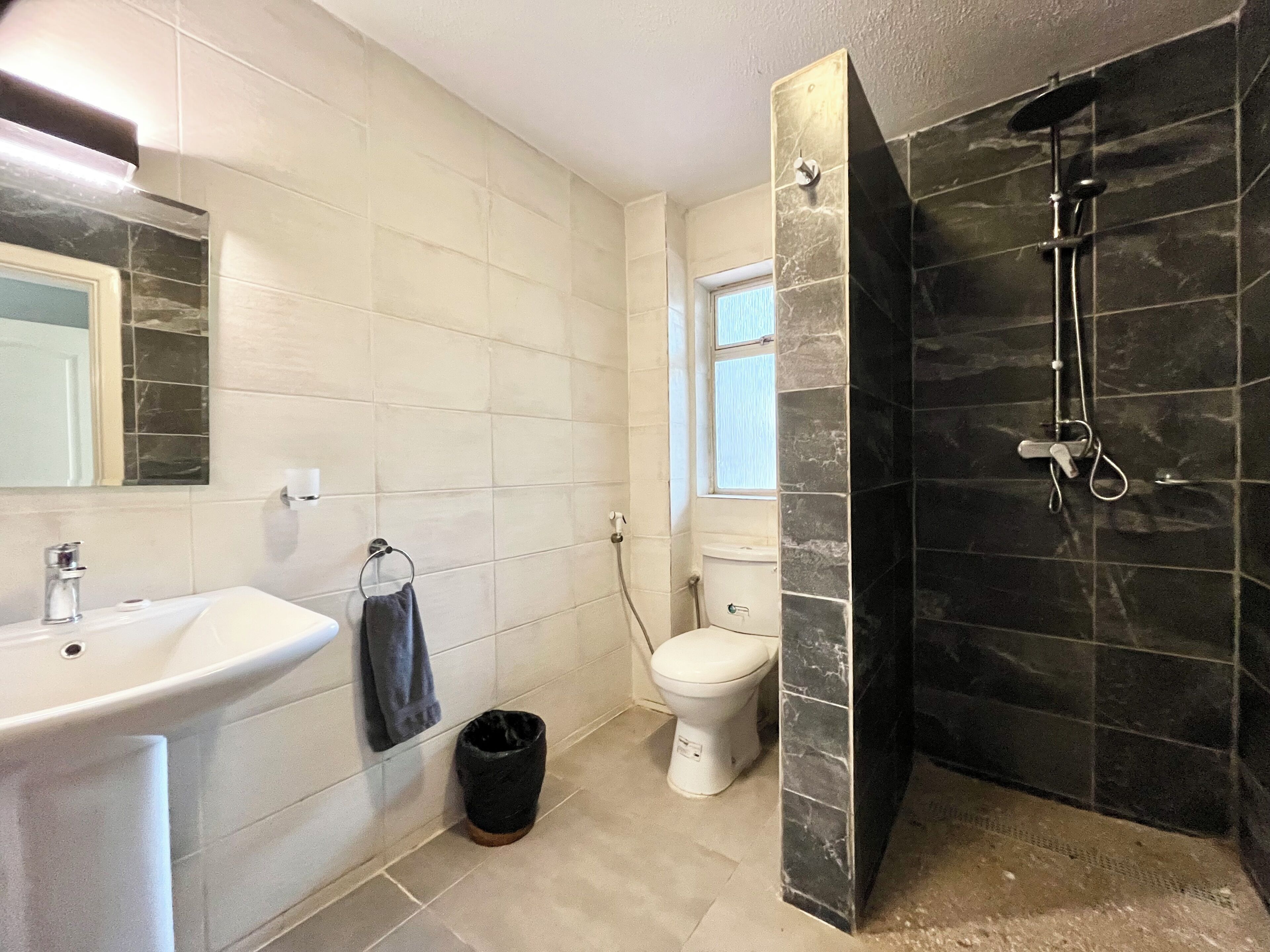 Une salle de bain comprenant un lavabo, des toilettes et un espace douche.