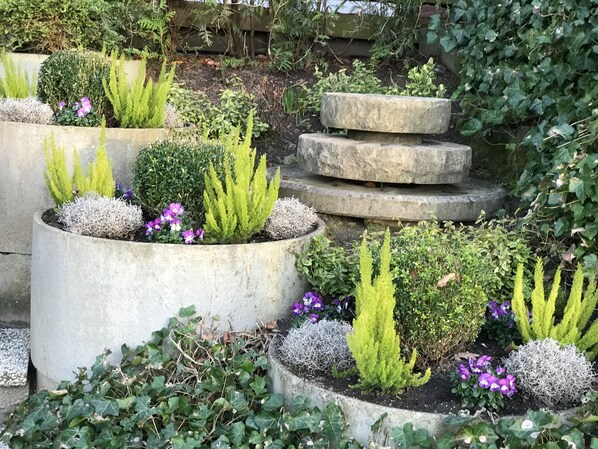 Un jardín con diversas plantas y macetas de concreto.