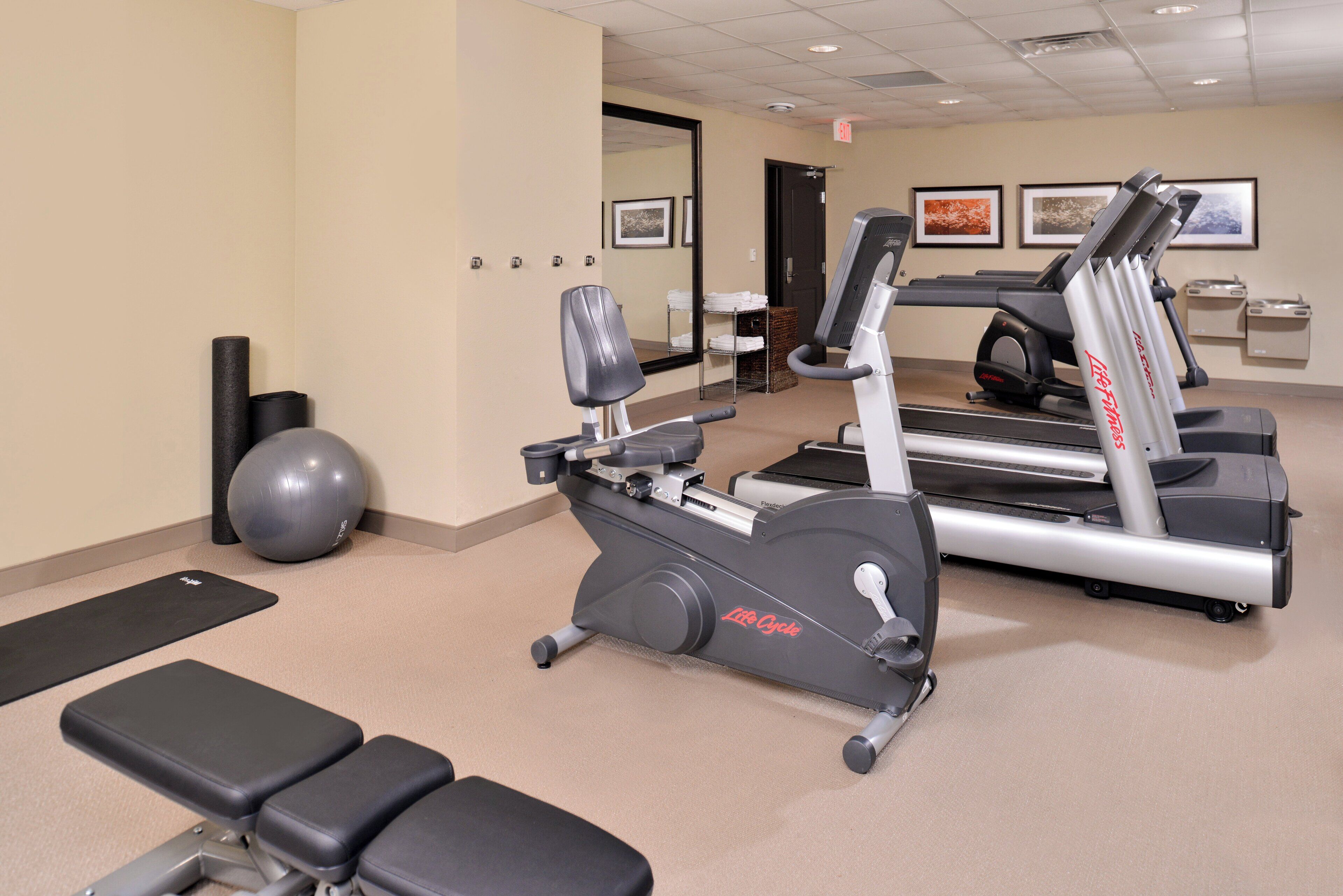 A gym with treadmills, an elliptical, a stationary bike, and exercise balls.