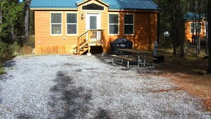 Une cabane en bois avec un toit en métal, une véranda et une table de pique-nique.