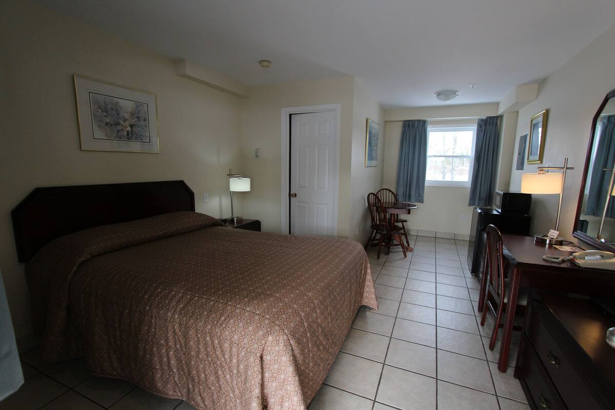 A hotel room with a bed, a desk, a chair, a dresser, a mirror, and a window with curtains.