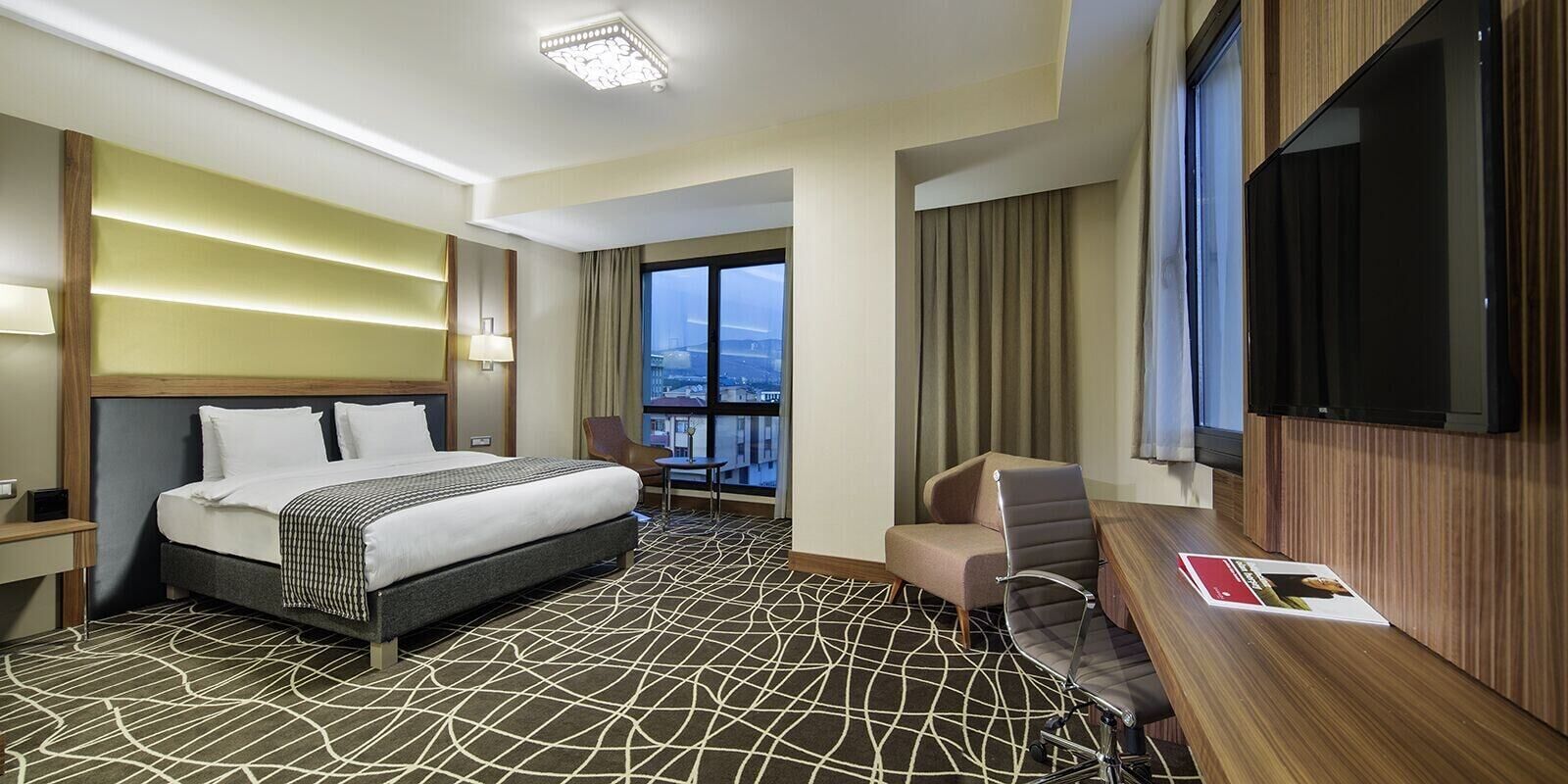 Une chambre d’hôtel avec un lit, un bureau, une chaise, une télévision et une vue sur la ville.