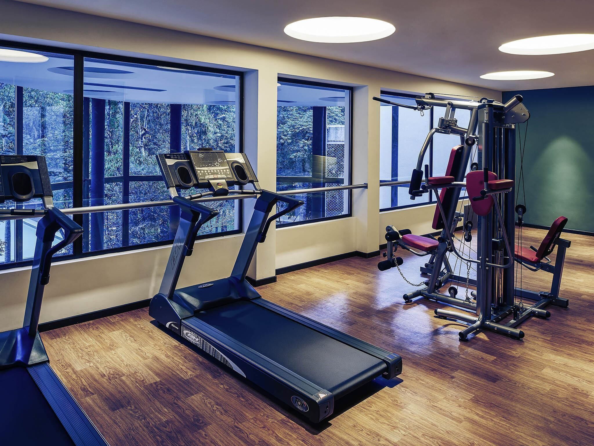 A gym with treadmills, a weight machine, and large windows.
