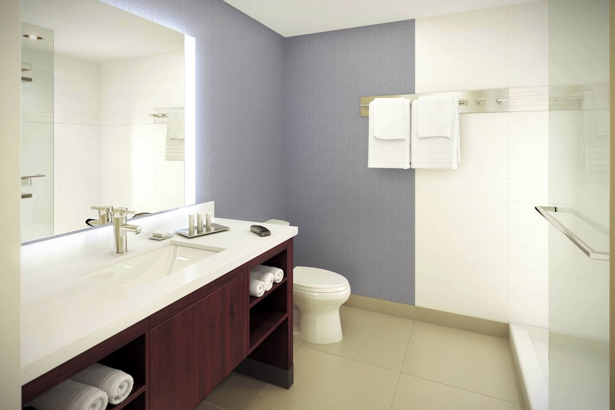A modern bathroom with a double sink vanity, a toilet, and a glass shower enclosure.