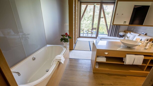 A modern bathroom with a freestanding bathtub, a wooden vanity with a bowl sink, and a large mirror. - Hotel Bora HotSpaResort (Radolfzell am Bodensee)