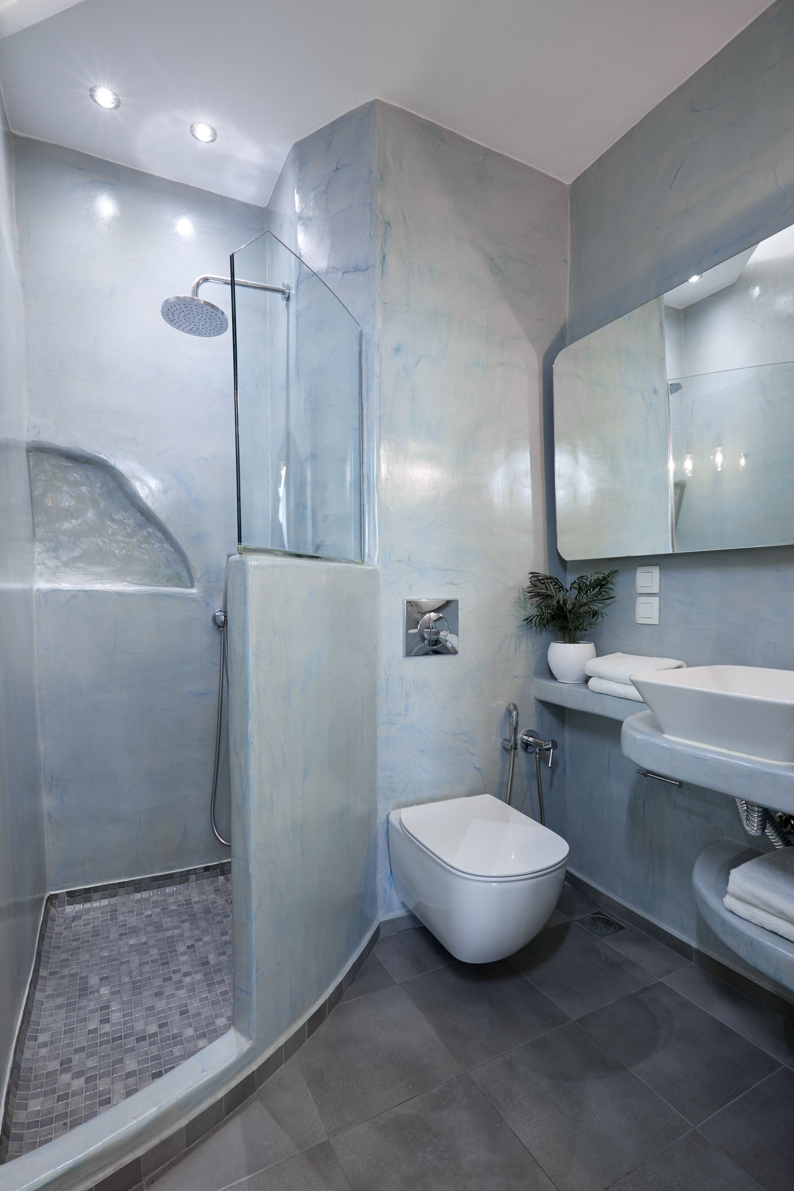 shower, hair dryer, bathrobes, slippers