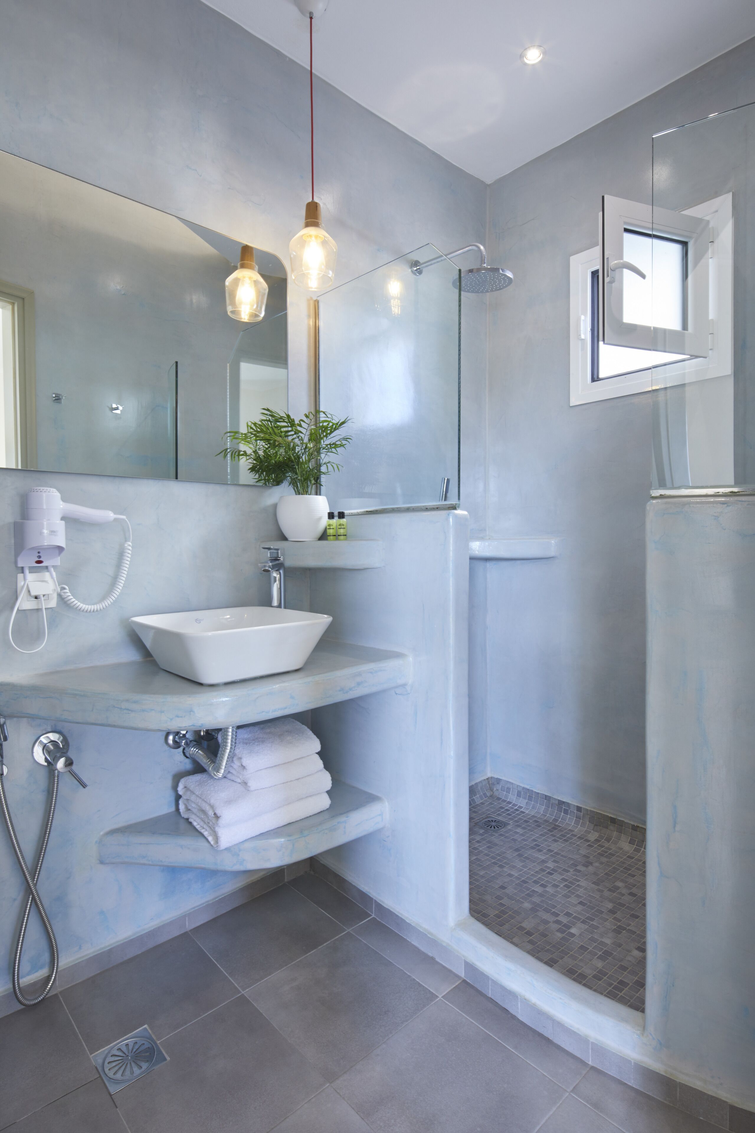 shower, hair dryer, bathrobes, slippers