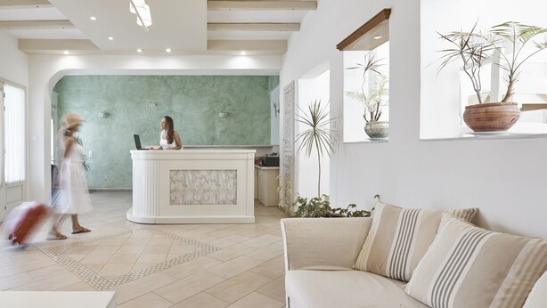 Uma área de recepção com balcão branco, parede texturizada em verde e plantas em vasos.