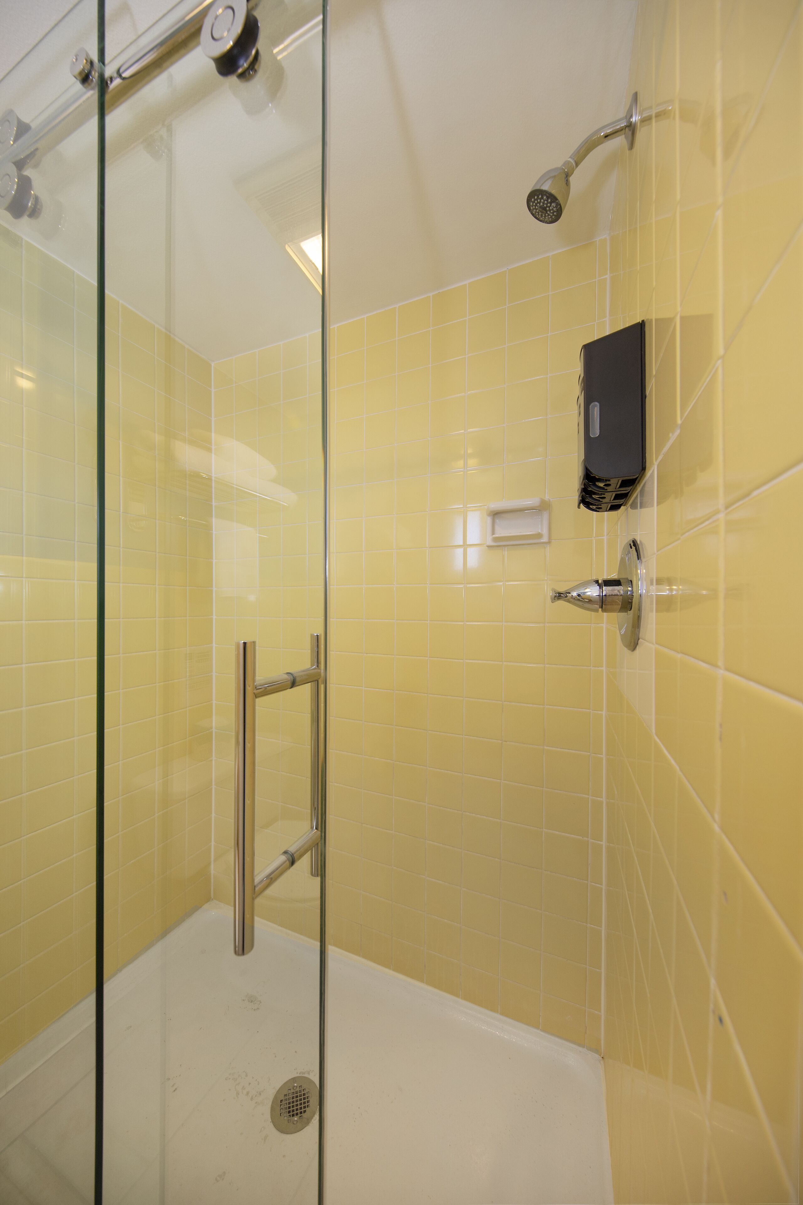 Une douche fermée par des parois en verre, dotée d’un pommeau de douche à main et d’un robinet mural.