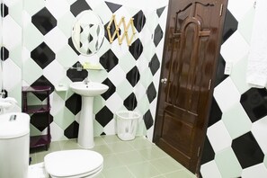 A bathroom with a toilet, sink, mirror, and a wooden door.