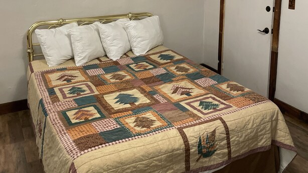 Ein Schlafzimmer mit einem Bett, zwei gerahmten Bildern an der Wand, einer Tür und einer Deckenleuchte.