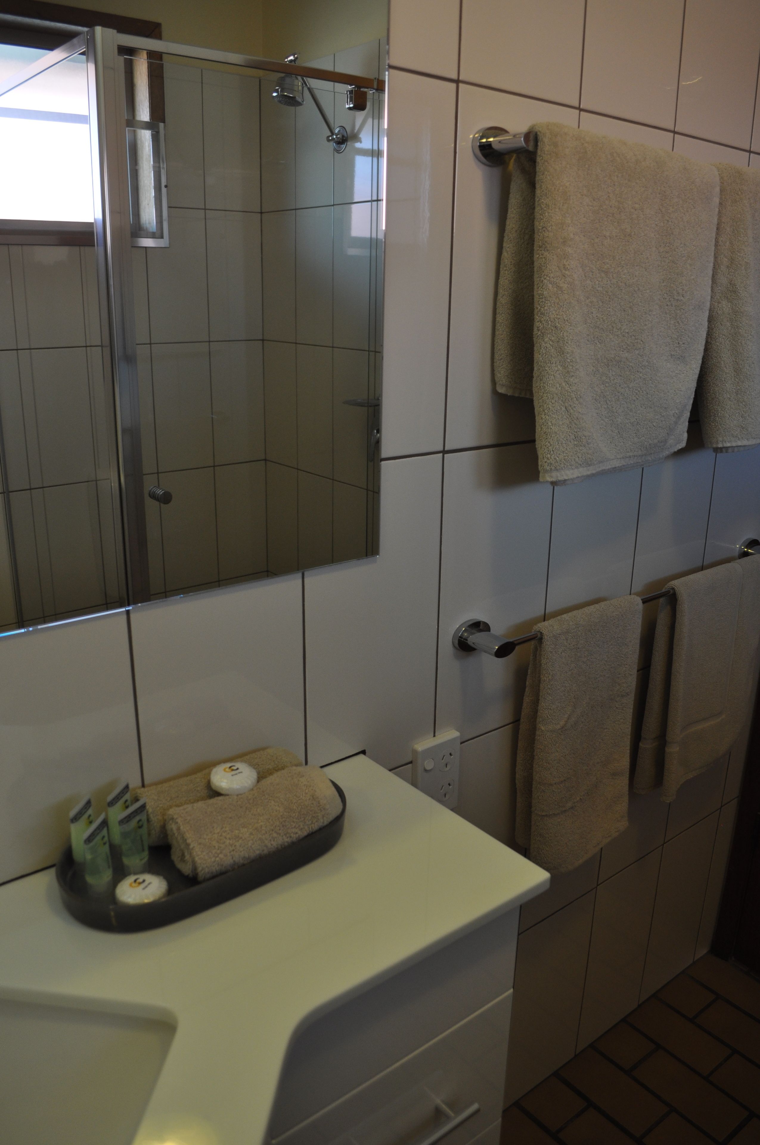 Une salle de bain avec une douche, un lavabo équipé de produits de toilette et des serviettes accrochées au mur.