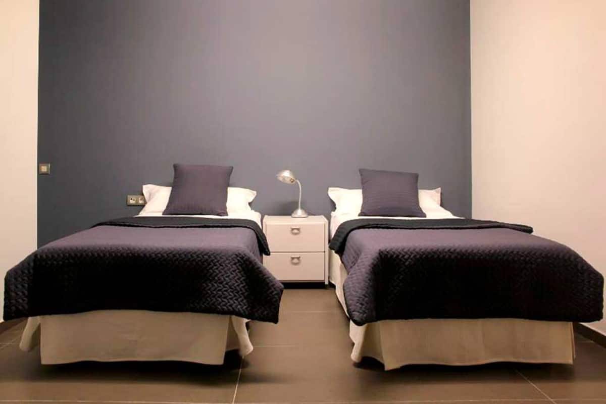 Habitación doble con dos camas, cada una con cubrecama y almohadas de color oscuro, una mesita de noche con lámpara y una pared lisa.