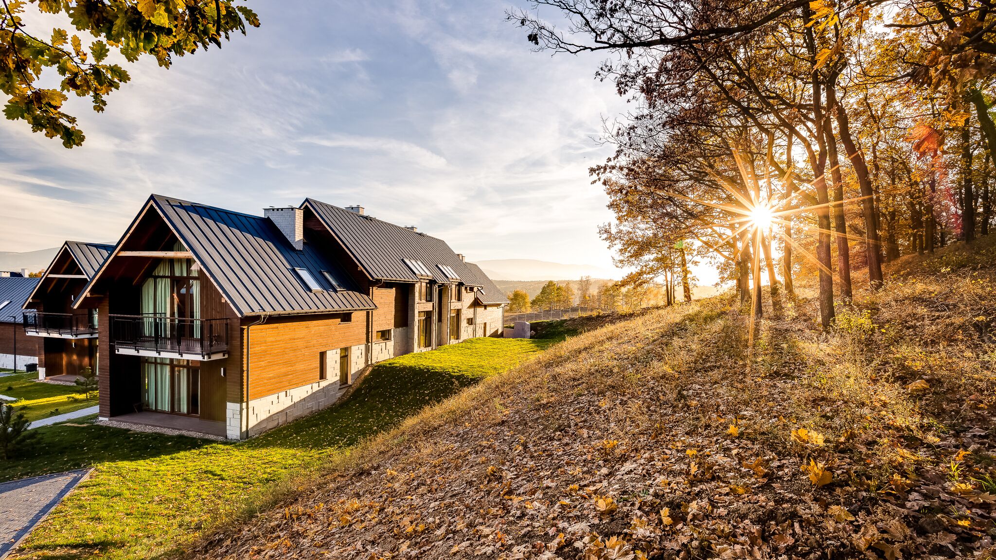 A modern two-story house with a sloped roof, large windows, and a balcony.