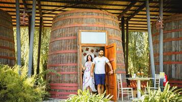 A rustic wooden structure with a door, surrounded by greenery.
