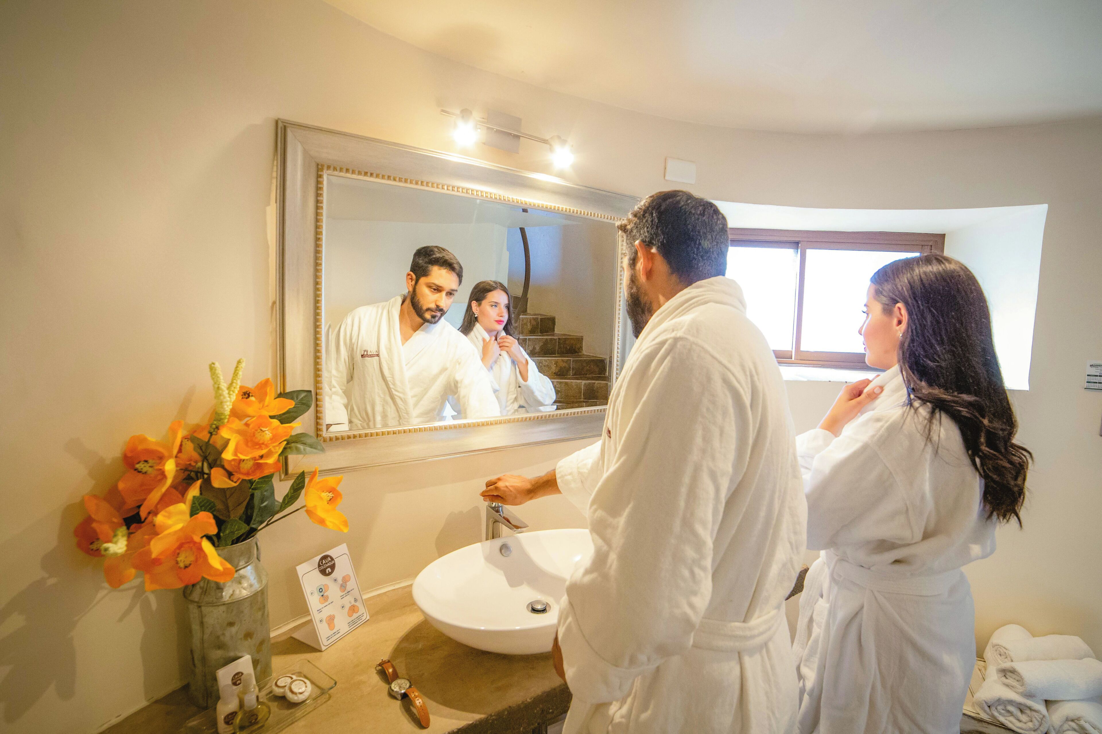 Une salle de bain avec un grand miroir, un lavabo et un vase rempli de fleurs.