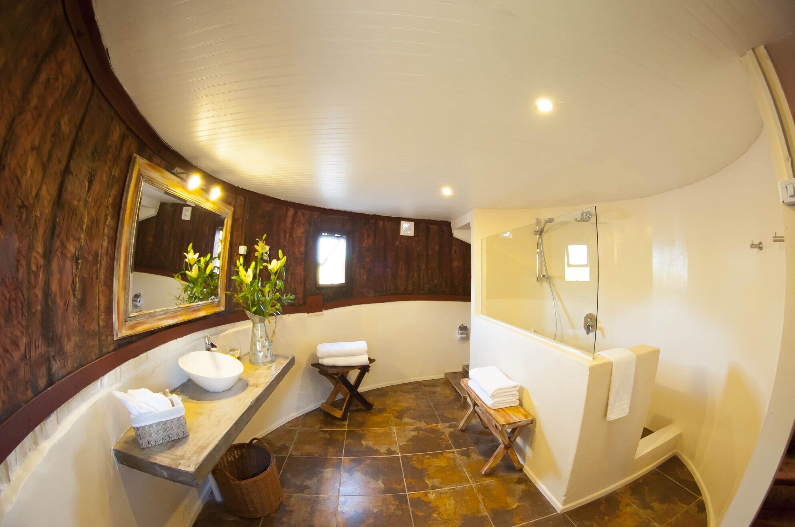 premium, habitación en barrica de vino | bathroom | shower, hair dryer, towels, soap