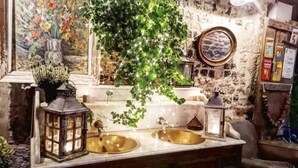 A vintage bathroom with two sinks, a mirror, and decorative plants. - La Cour Sainte Catherine (Honfleur)