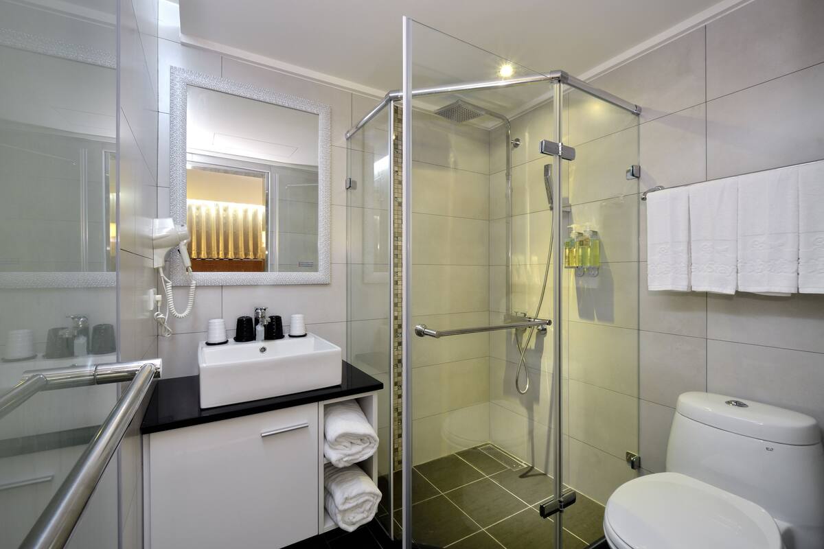 A modern bathroom with a glass-enclosed shower, a white sink, and a toilet.