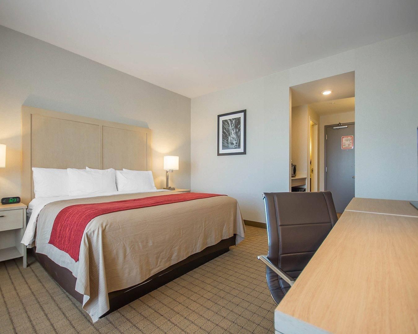 Una habitación de hotel con cama, mesita de noche, lámpara, silla y escritorio.