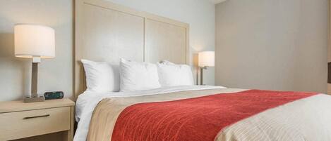 A hotel room with a bed, two bedside tables with lamps, a nightstand, and a red throw blanket.