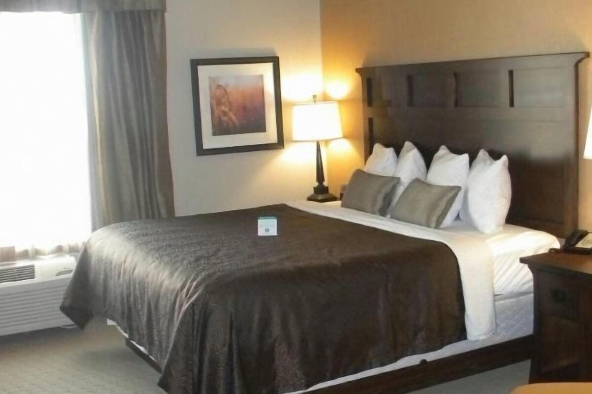 Habitación de hotel con una cama grande, dos lámparas de noche, un cuadro en la pared y una ventana con cortinas.