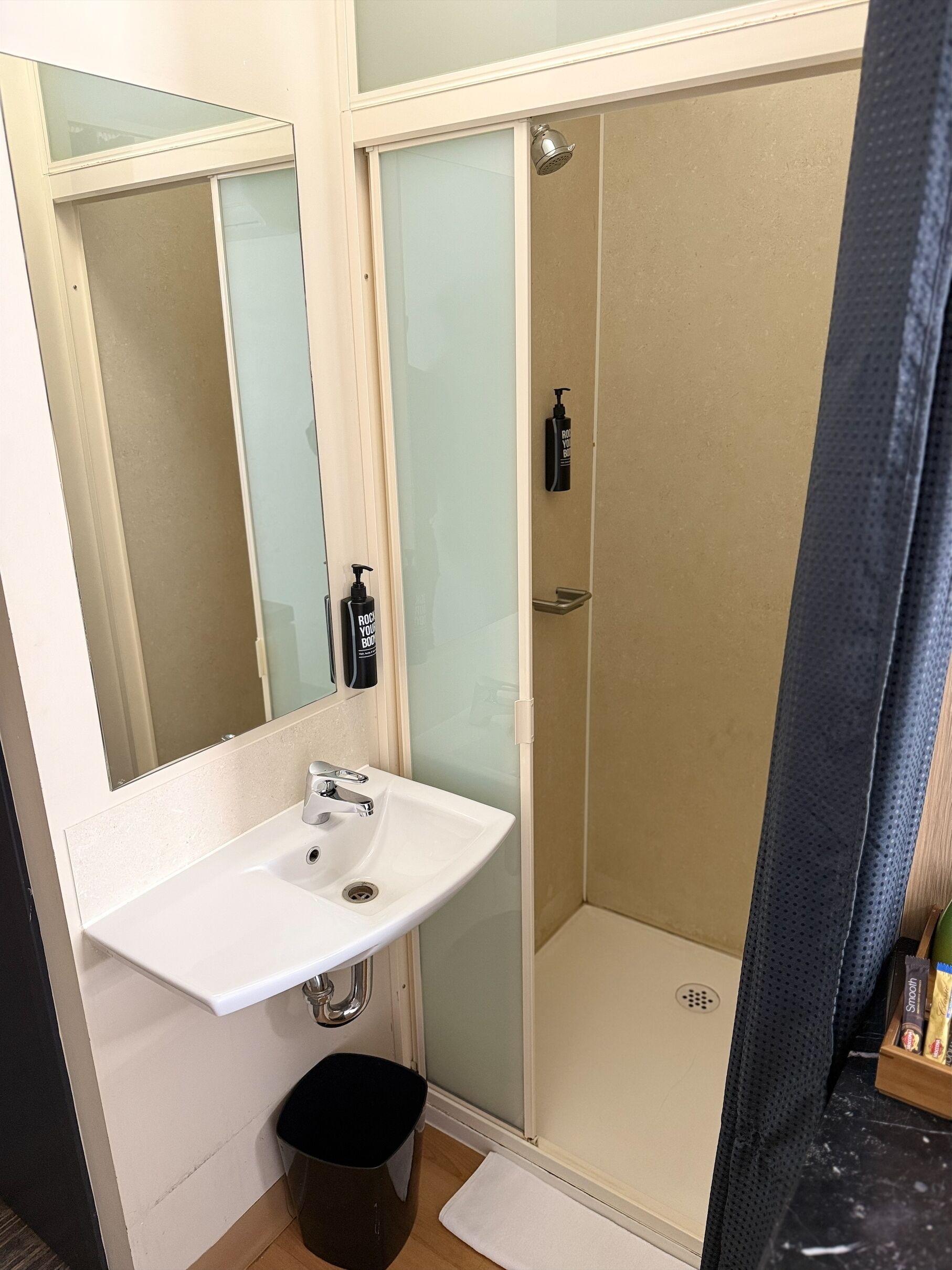 A bathroom with a white sink, a mirror, a shower, and a black trash bin.