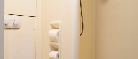 A bathroom with a toilet, a shower, and a toilet paper holder.