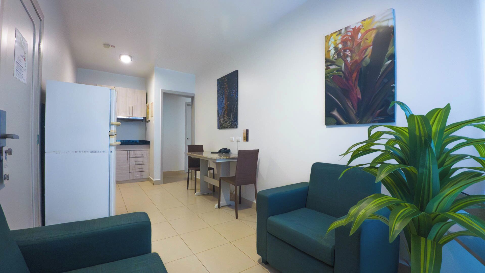 Een compacte woonruimte met een kitchenette, een eethoek en een zithoek met een grote plant.