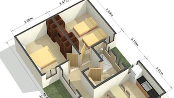A 3D floor plan of a duplex suite with a total area of 67m2-721SqFt, including two bedrooms, a bathroom, a kitchen, and a small outdoor area.